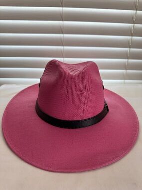 PAU CHARLY Pink Fedora Hat with Black Band Sz L